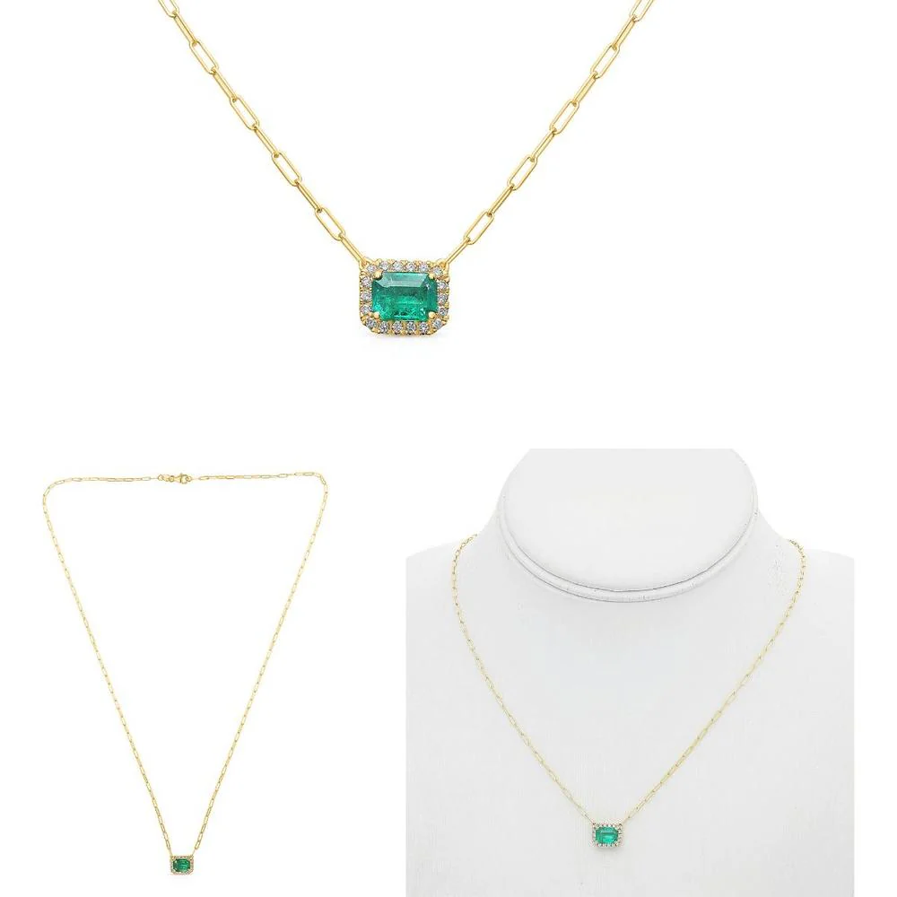 Roman & Jules - 14K Yellow Gold Emerald Cut Emerald Necklace with Diamond Halo - 0.14 Carat Total Diamond Weight