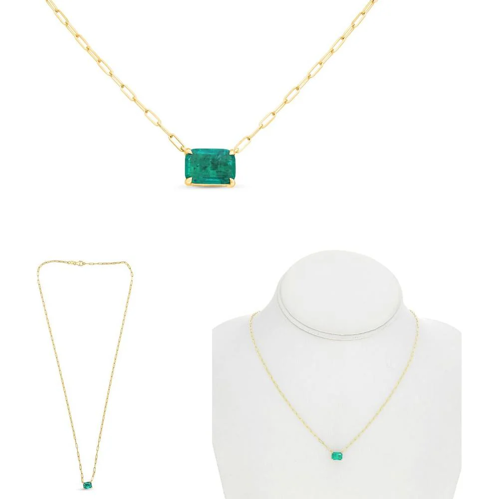 Roman & Jules - 14K Yellow Gold Emerald-Cut Emerald Necklace with Prong Setting - 1.04 Carat Total Emerald Weight