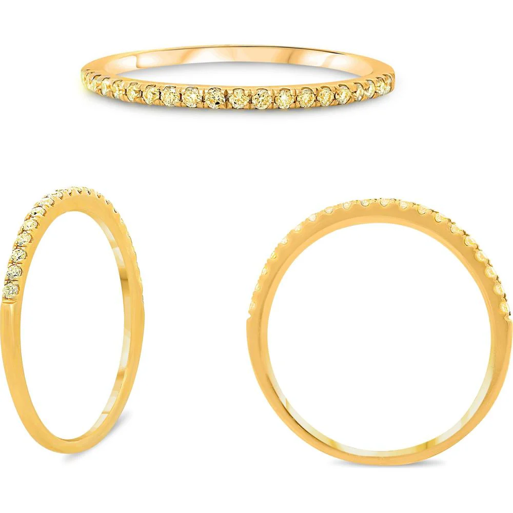 Roman & Jules - 14K Yellow Gold Fancy Yellow Diamond Band Ring with Micropavé Set Round Diamonds - 0.15 Carat Total Diamond Weight