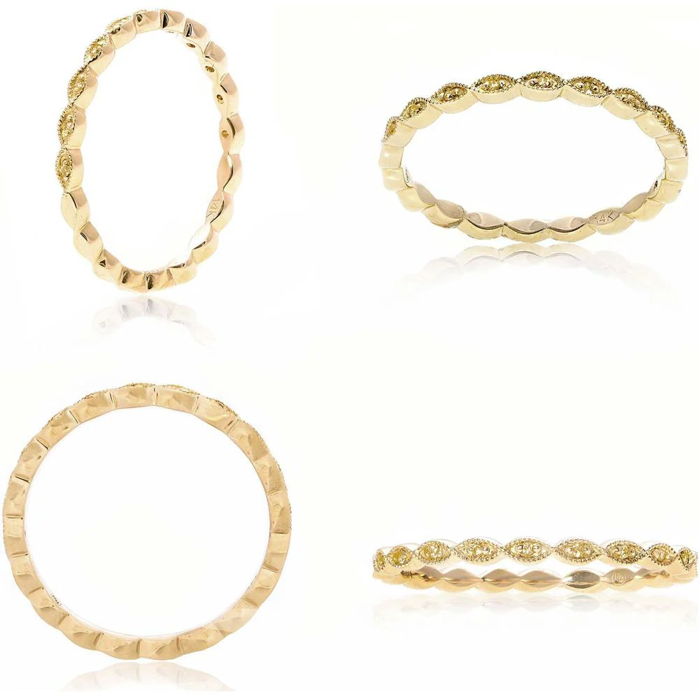 Roman & Jules - 14K Yellow Gold Fancy Yellow Diamond Ring with Pave Milgrain Setting - 0.03 Carat Total Diamond Weight