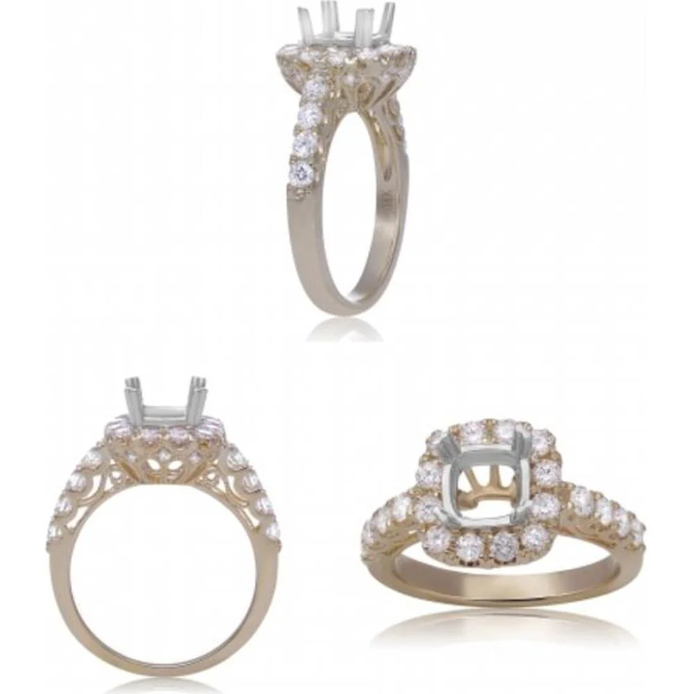 Roman & Jules - 14K Yellow Gold Halo Cushion Diamond Engagement Ring with Round Diamonds - 0.98 Carat Total Diamond Weight