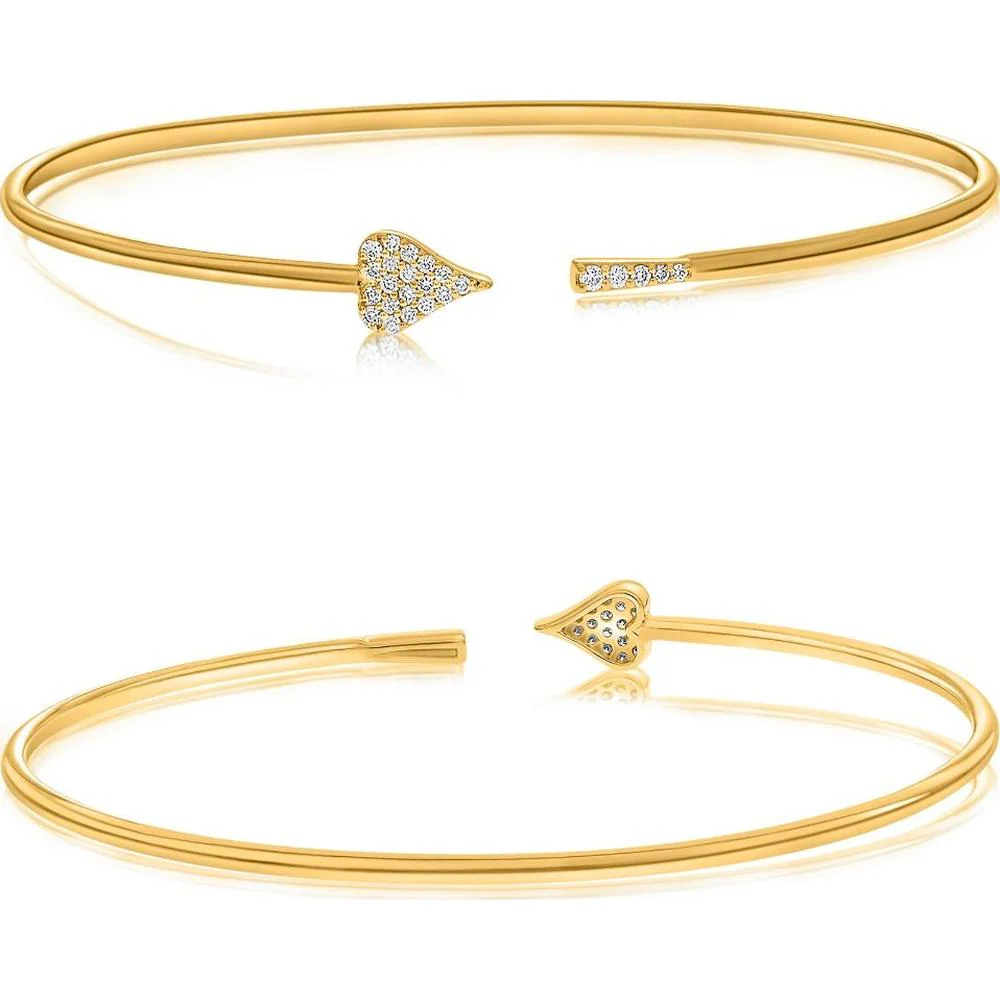 Roman & Jules - 14K Yellow Gold Heart Cuff Bangle with Round Diamonds - 0.16 Carat Total Diamond Weight