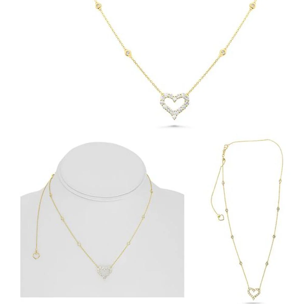Roman & Jules - 14K Yellow Gold Heart Shape Diamond Necklace with Shared Prong Set Round Diamonds - 0.96 Carat Total Diamond Weight