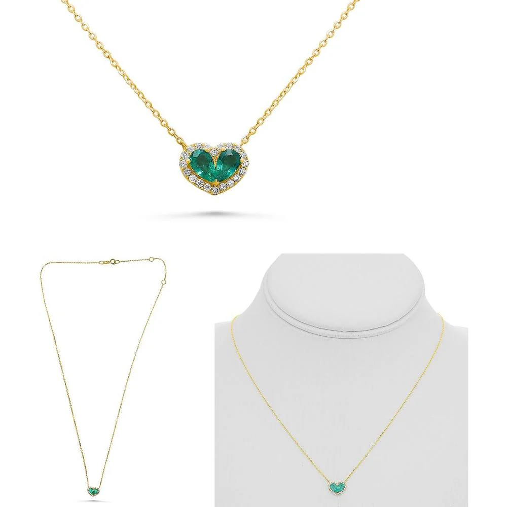 Roman & Jules - 14K Yellow Gold Heart-Shaped Emerald and Diamond Halo Necklace - 0.40 Carat Emerald Weight, 0.11 Carat Diamond Weight