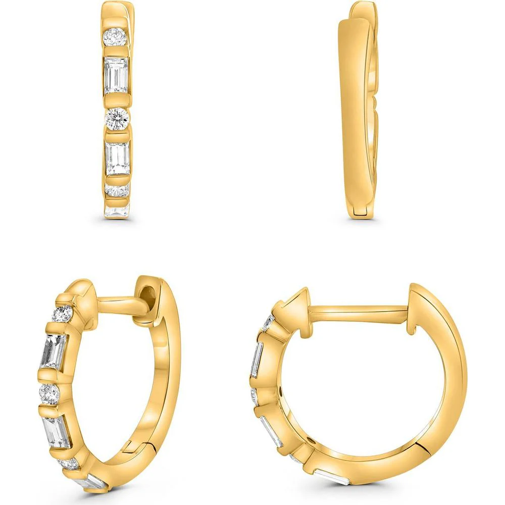 Roman & Jules - 14K Yellow Gold Hoop Earrings with Round and Baguette Diamonds - 0.18 Carat Total Diamond Weight