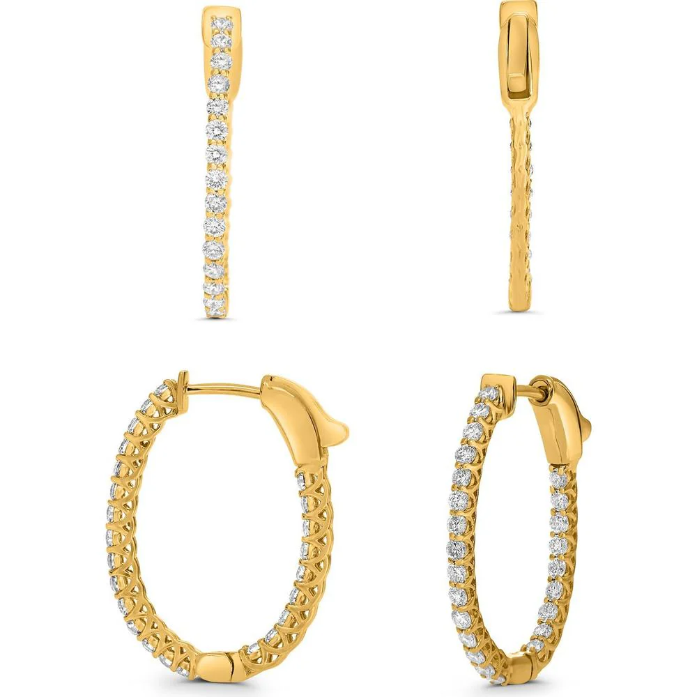 Roman & Jules - 14K Yellow Gold Hoop Earrings with Round Diamonds - 1.00 Carat Total Diamond Weight