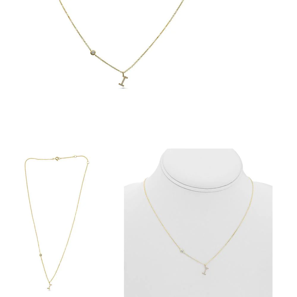 Roman & Jules - 14K Yellow Gold "I" Initial Necklace with 0.08 Carat Round Diamond in Micropavé Setting