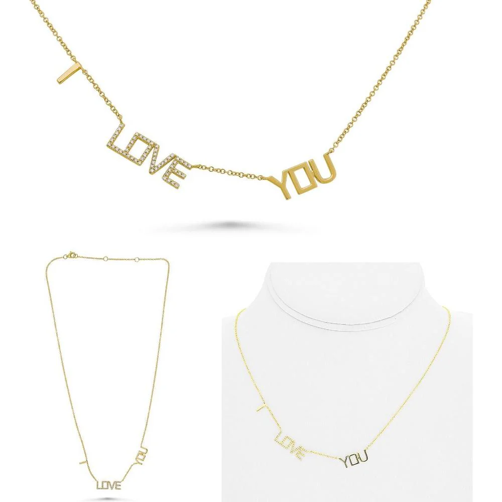 Roman & Jules - 14K Yellow Gold "I LOVE YOU" Pendant Necklace with Round Diamonds - 0.12 Carat Total Diamond Weight
