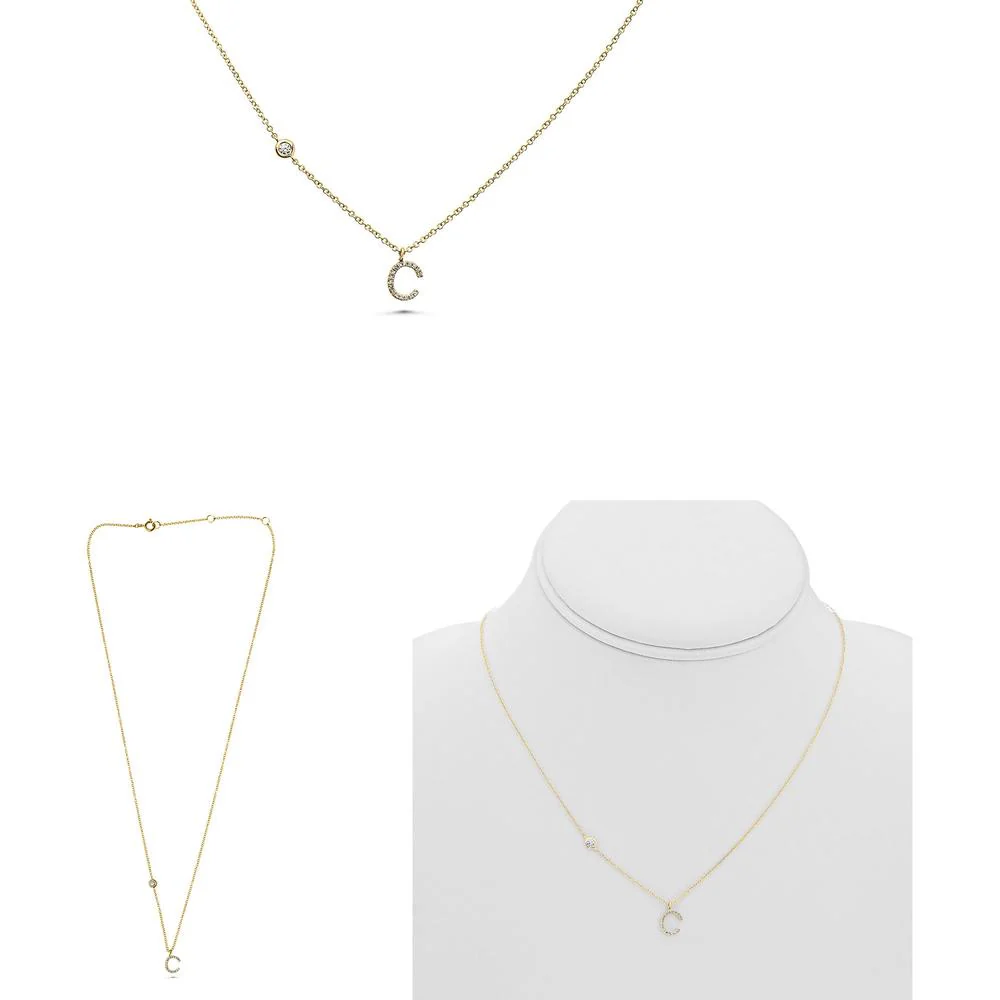 Roman & Jules - 14K Yellow Gold Initial "C" Necklace with 0.09 Carat Round Diamond in Micropavé Setting
