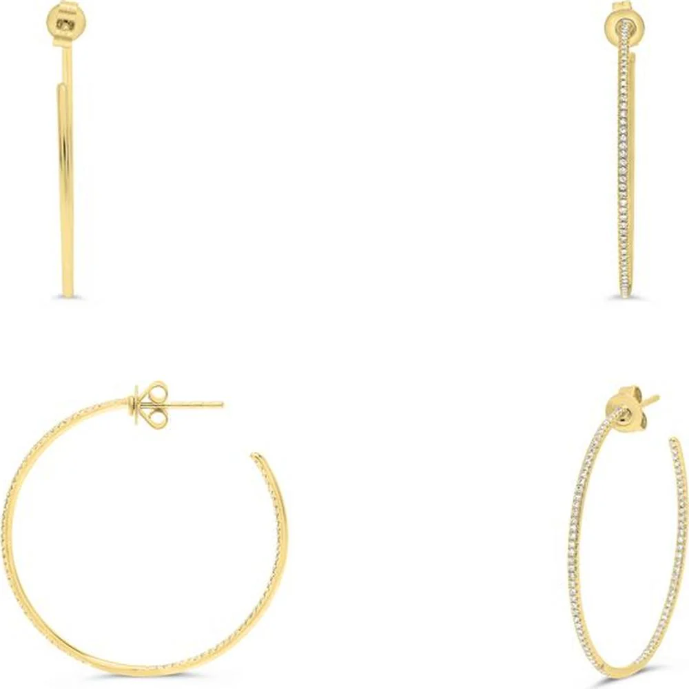 Roman & Jules - 14K Yellow Gold Large Hoop Earrings with Micropavé Set Round Diamonds - 0.36 Carat Total Diamond Weight