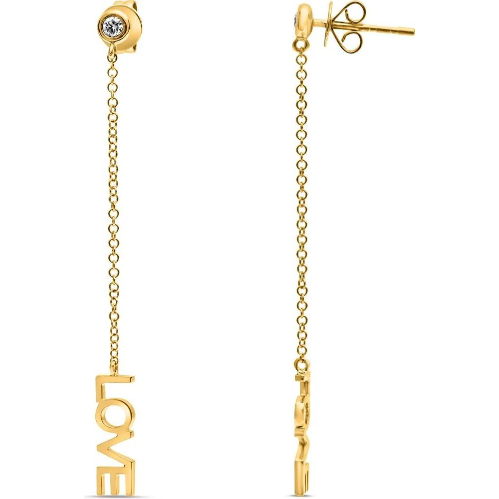 Roman & Jules - 14K Yellow Gold "LOVE" Diamond Drop Earrings with Round Diamond - 0.09 Carat Total Diamond Weight
