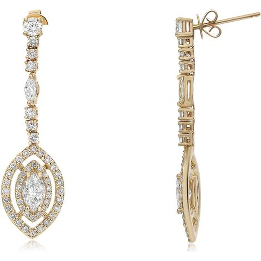 Roman & Jules - 14K Yellow Gold Marquise and Round Diamond Drop Earrings - 1.24 Carat Total Diamond Weight