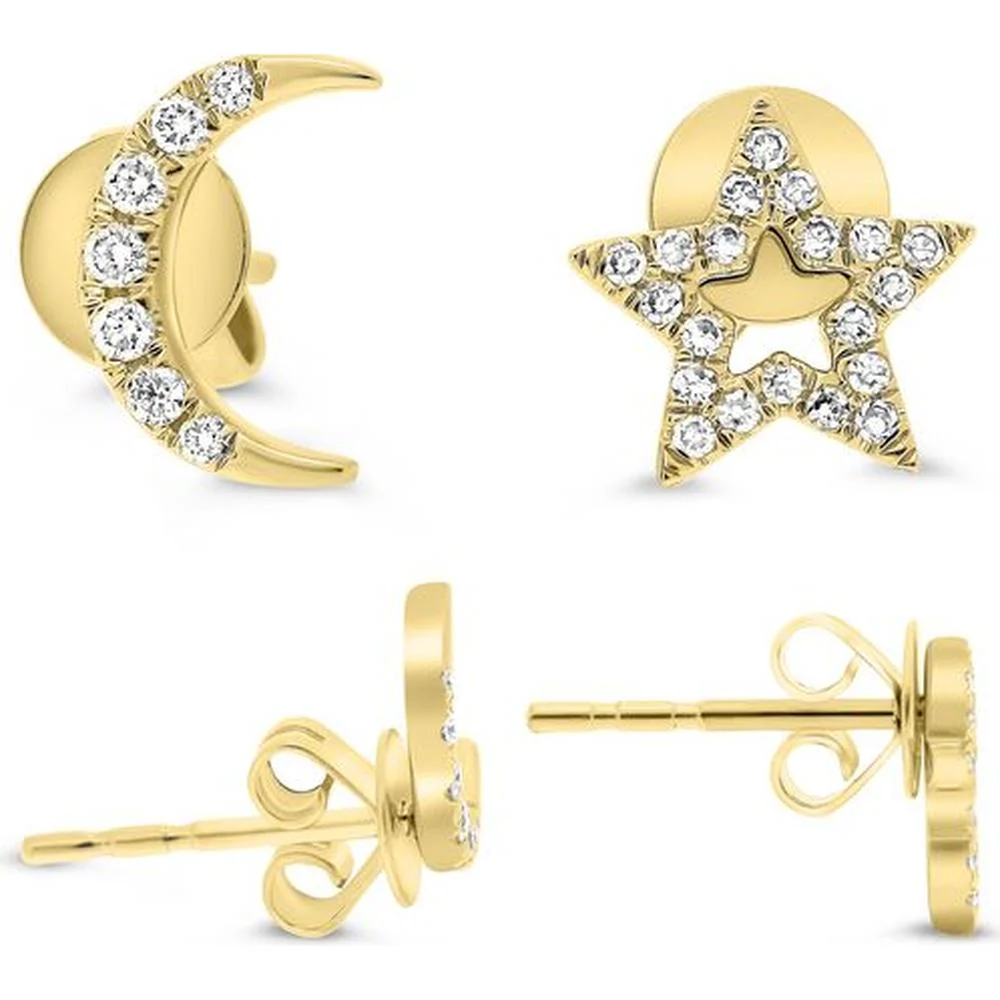 Roman & Jules - 14K Yellow Gold Moon and Star Diamond Stud Earrings - 0.12 Carat Total Diamond Weight