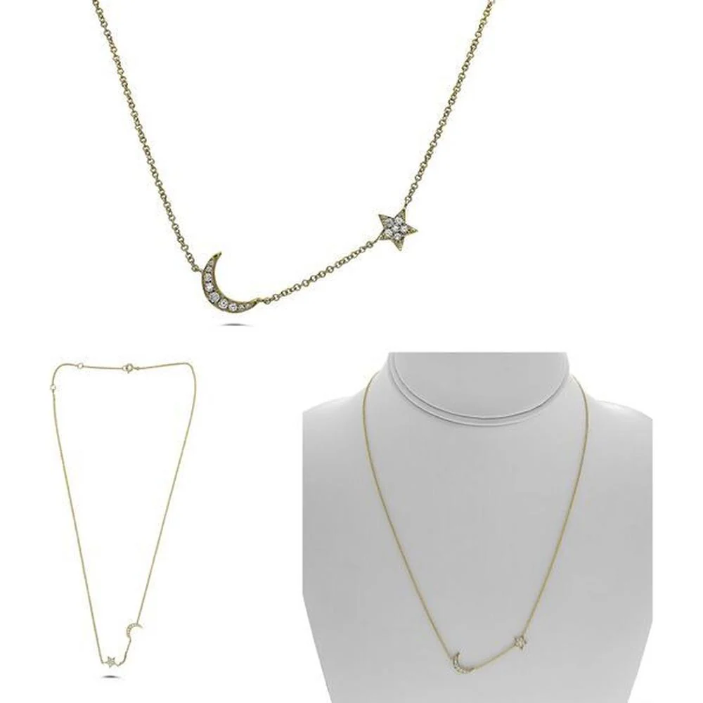 Roman & Jules - 14K Yellow Gold Moon and Star Necklace with Round Diamond - 0.15 Carat Total Diamond Weight