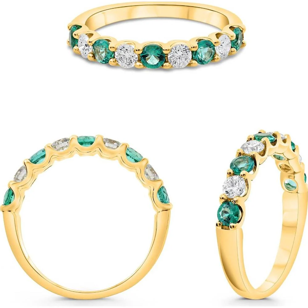 Roman & Jules - 14K Yellow Gold Nine-Stone Wedding Band with Round Diamonds and Emeralds - 0.45 Carat Total Diamond Weight, 0.55 Carat Total Emerald Weight