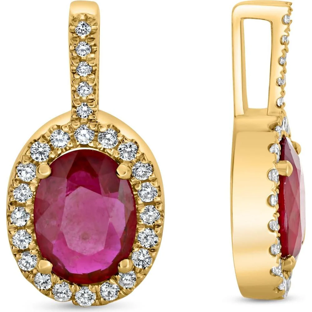 Roman & Jules - 14K Yellow Gold Oval Ruby and Diamond Halo Pendant - 0.87 Carat Ruby, 0.10 Carat Diamond