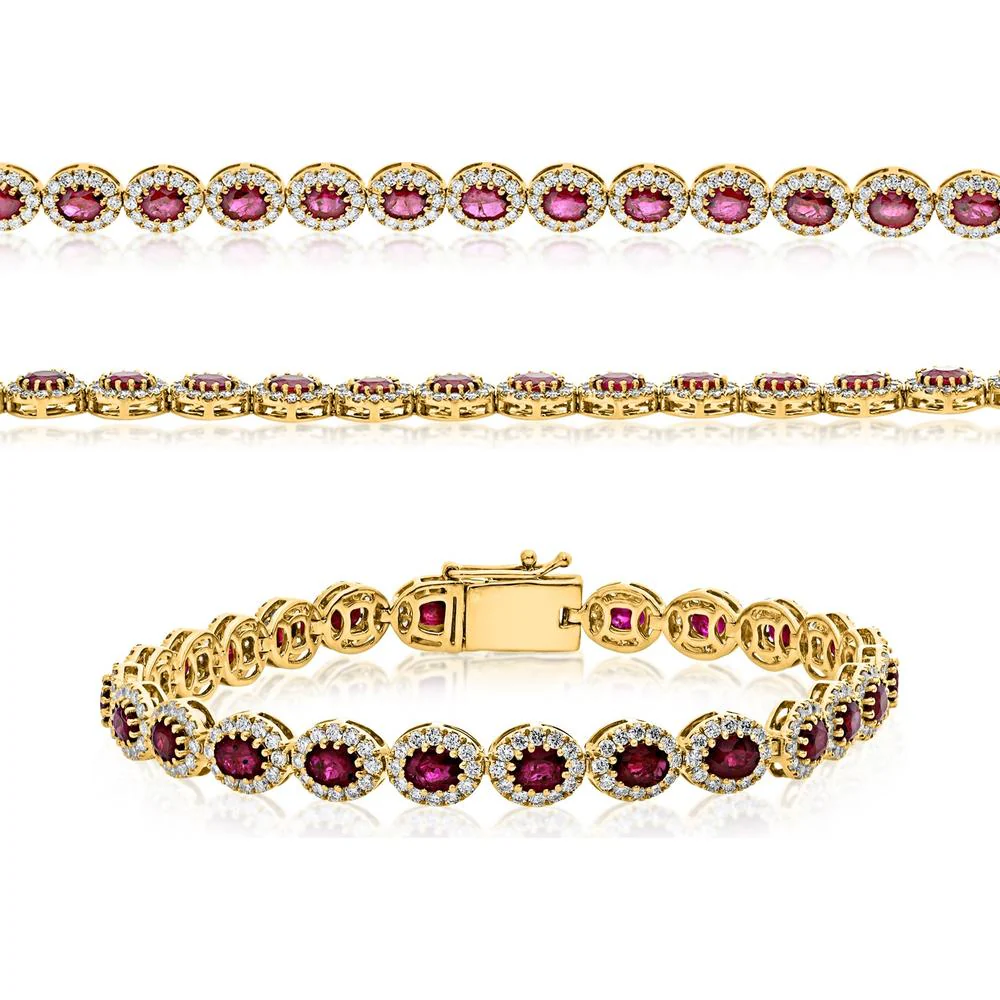Roman & Jules - 14K Yellow Gold Oval Ruby Bracelet with Halo Set Round Diamonds - 2.25 Carat Total Diamond Weight