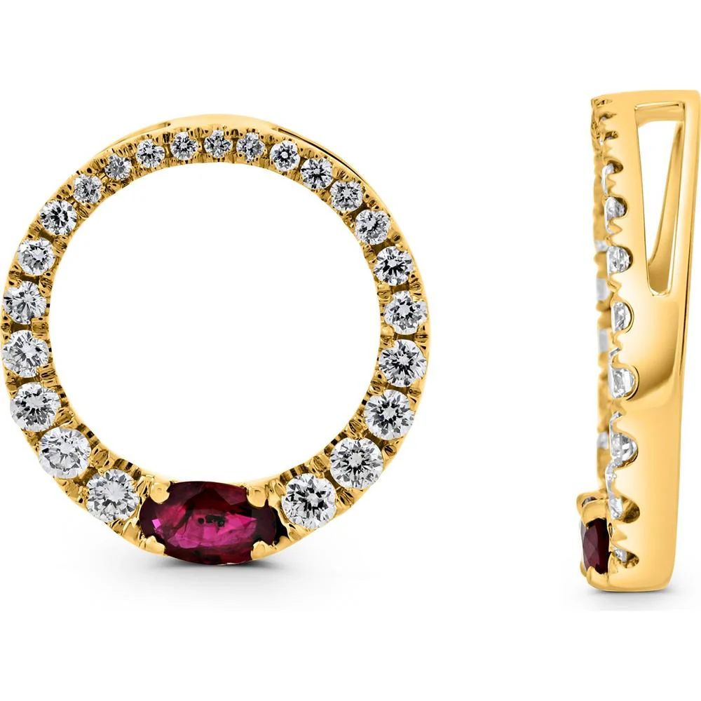 Roman & Jules - 14K Yellow Gold Oval Ruby Earrings with 0.34 Carat Round Diamond Halo