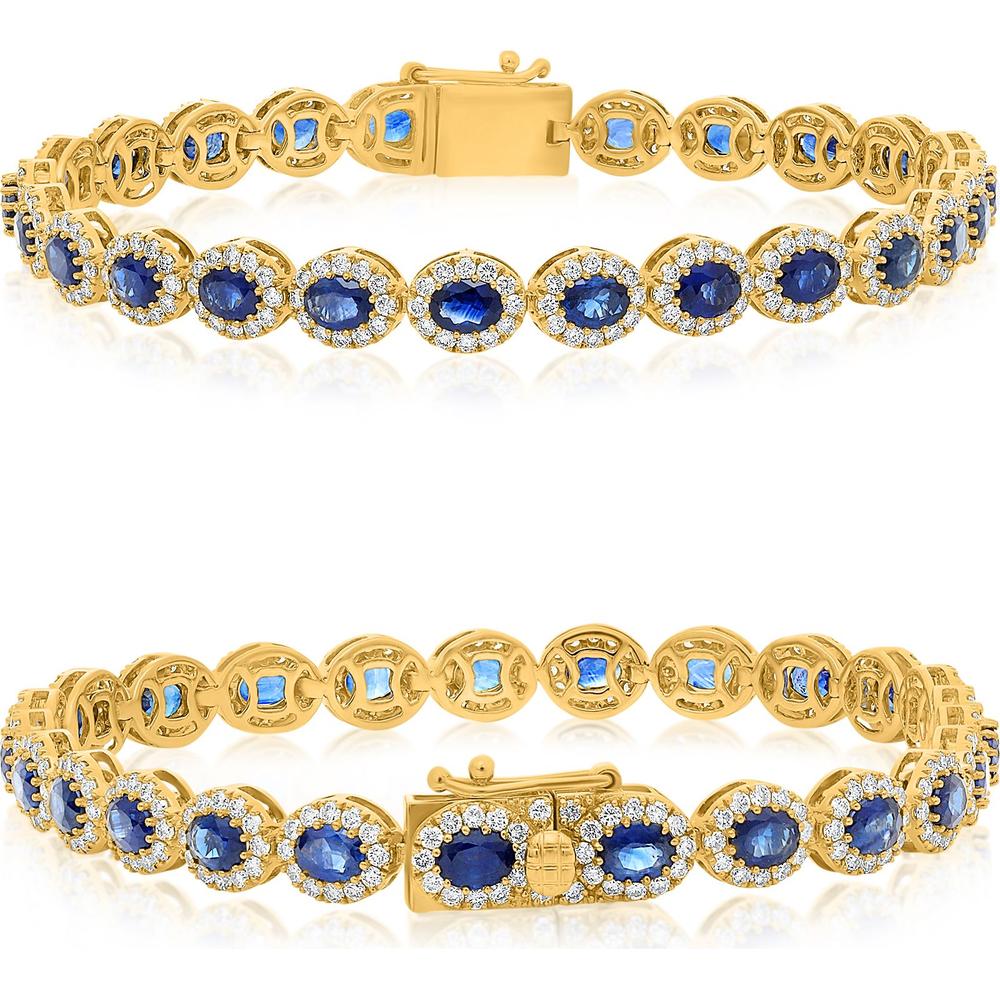 Roman & Jules - 14K Yellow Gold Oval Sapphire Bracelet with Diamond Halo - 6.00 Carat Total Sapphire Weight
