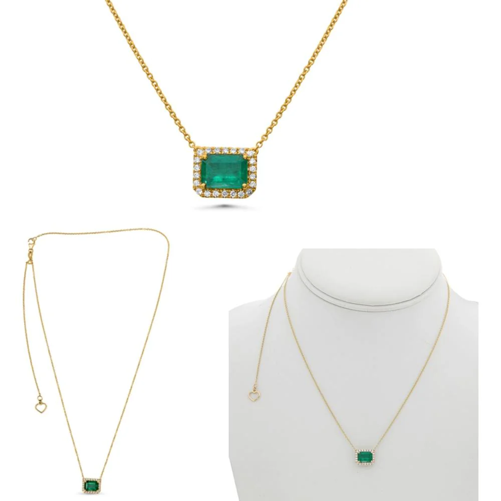 Roman & Jules - 14K Yellow Gold Pave Diamond Halo Y Necklace with 0.18 Carat Round Diamond and 7.90x5.24mm Emerald Center Stone