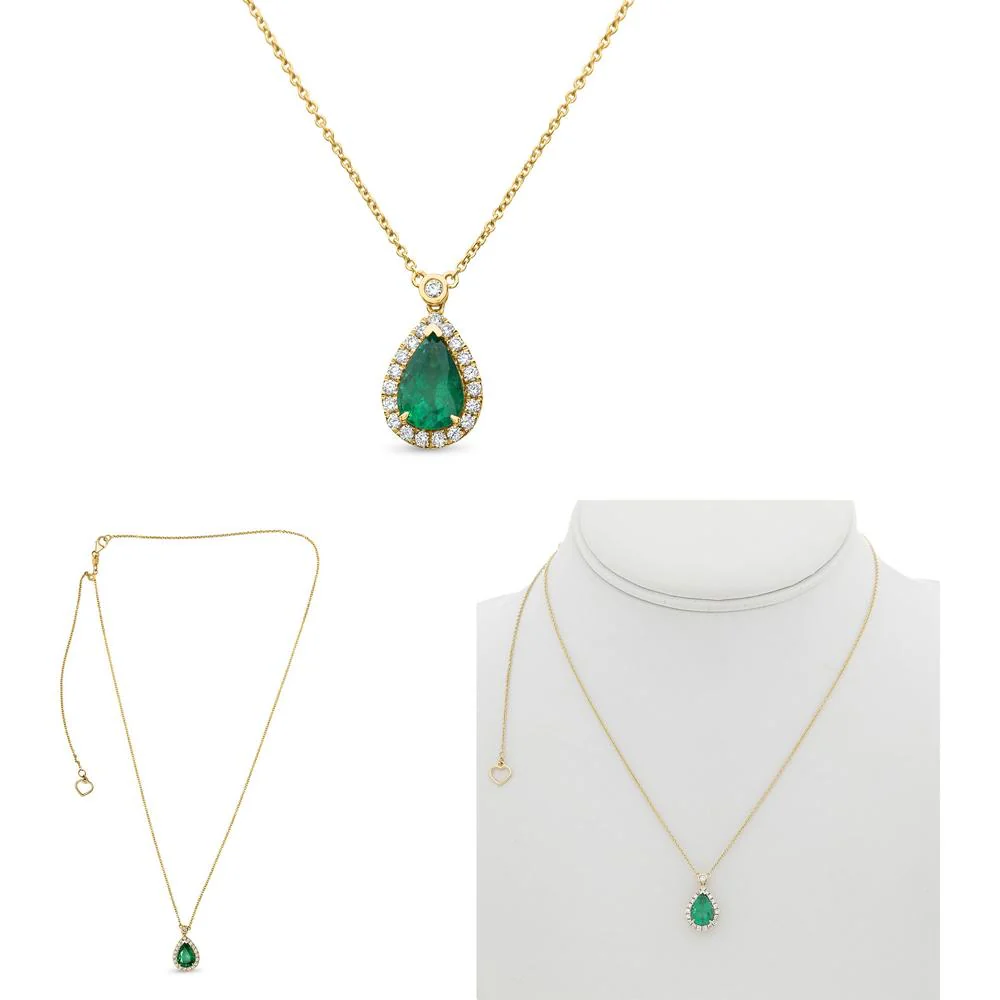Roman & Jules - 14K Yellow Gold Pear Shape Emerald Necklace with Round Diamond Halo - 1.15 Carat Emerald, 0.22 Carat Total Diamond Weight