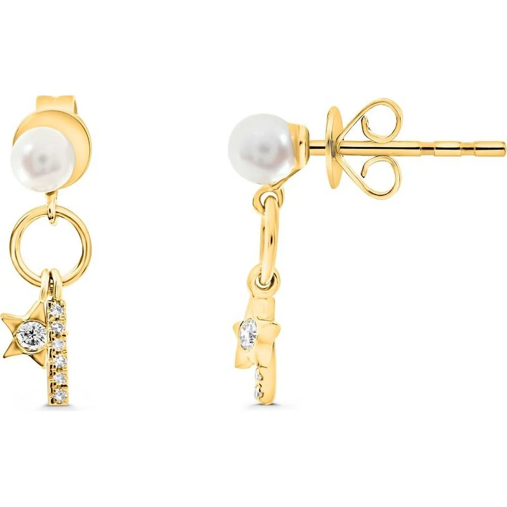Roman & Jules - 14K Yellow Gold Pearl Earrings with 0.08 Round Diamonds and Star Motif - 0.16 Carat Total Diamond Weight