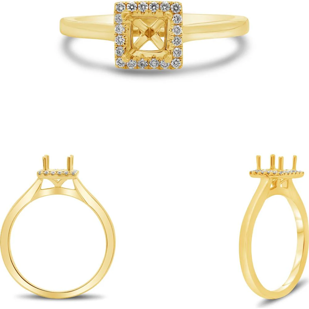 Roman & Jules - 14K Yellow Gold Princess Cut Diamond Ring with Halo and Micropavé Accent - 0.12 Carat Total Diamond Weight