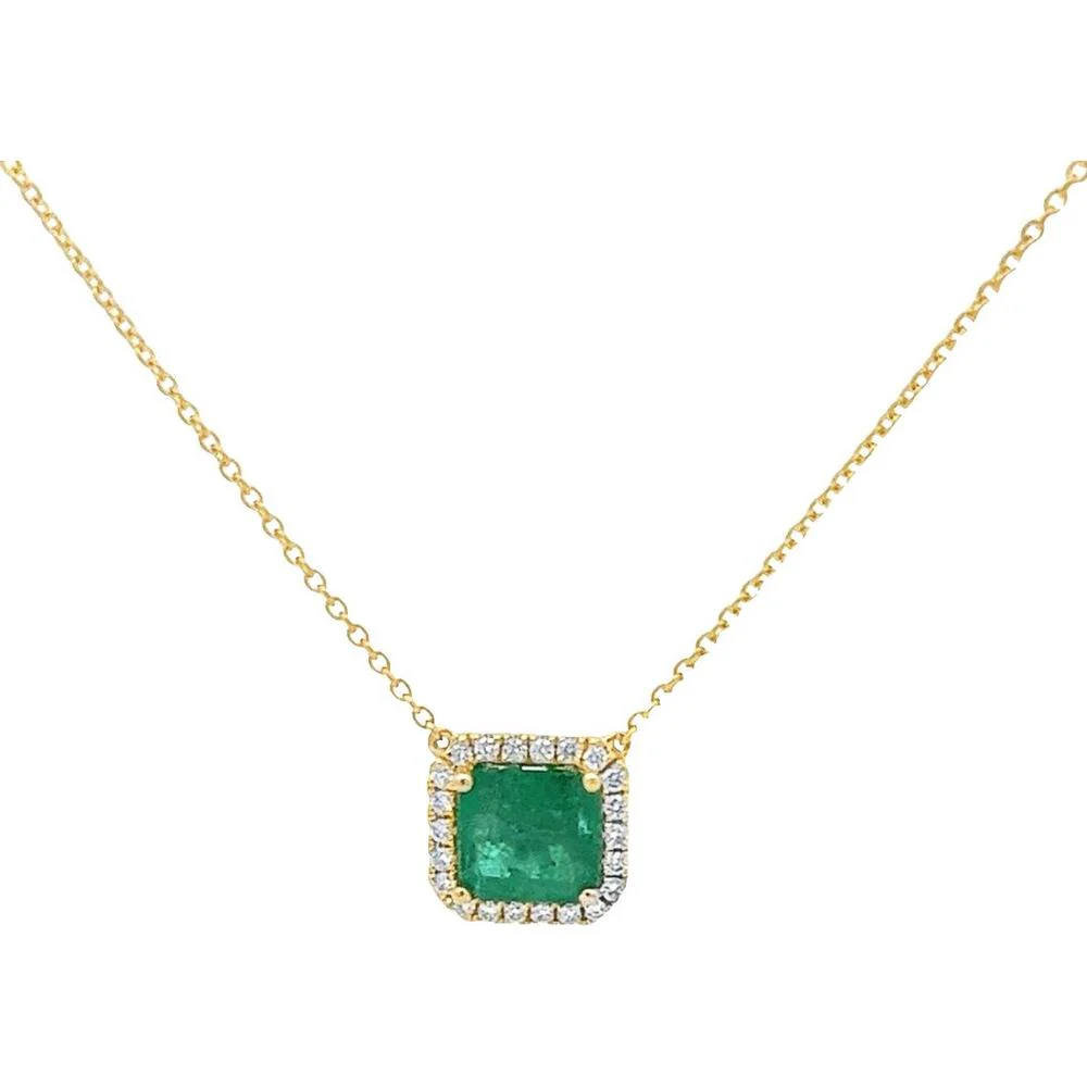 Roman & Jules - 14K Yellow Gold Radiant Emerald Necklace with Diamond Halo - 1.48 Carat Total Emerald Weight
