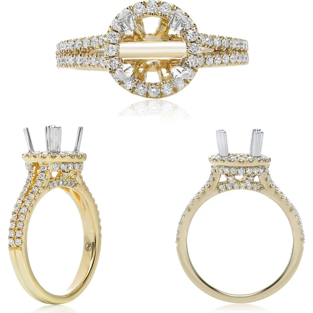 Roman & Jules - 14K Yellow Gold Round Diamond Halo Ring with Split Shank Design - 0.61 Carat Total Diamond Weight