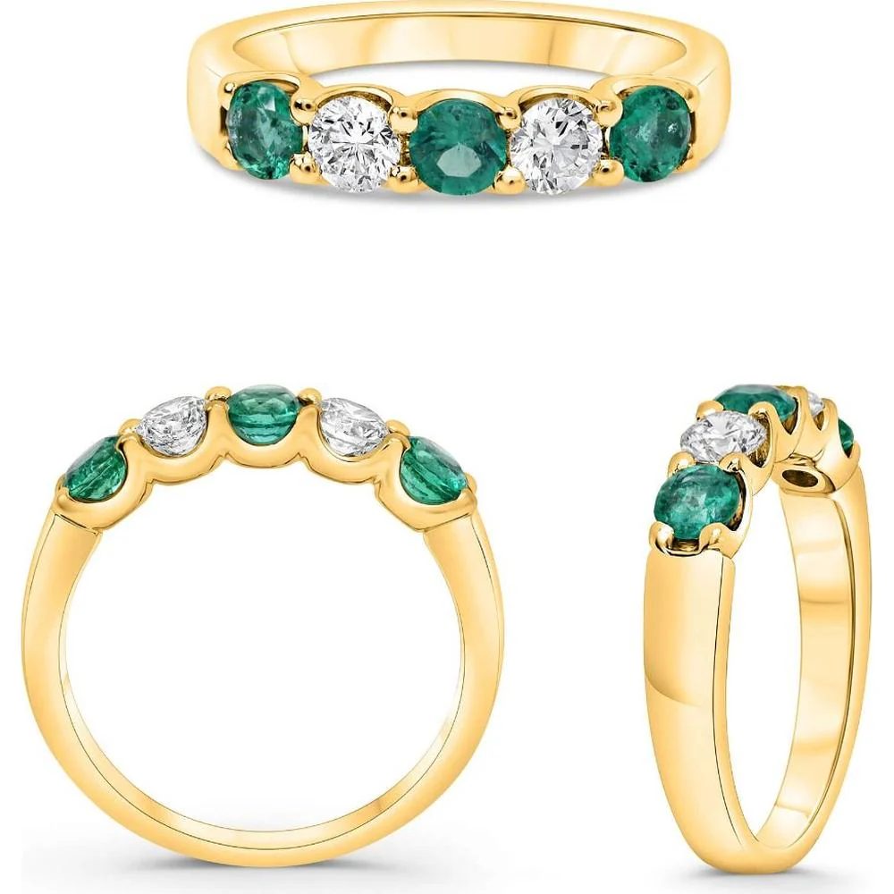 Roman & Jules - 14K Yellow Gold Round Emerald and Diamond Band Ring - 0.60 Carat Total Emerald Weight, 0.90 Carat Total Diamond Weight