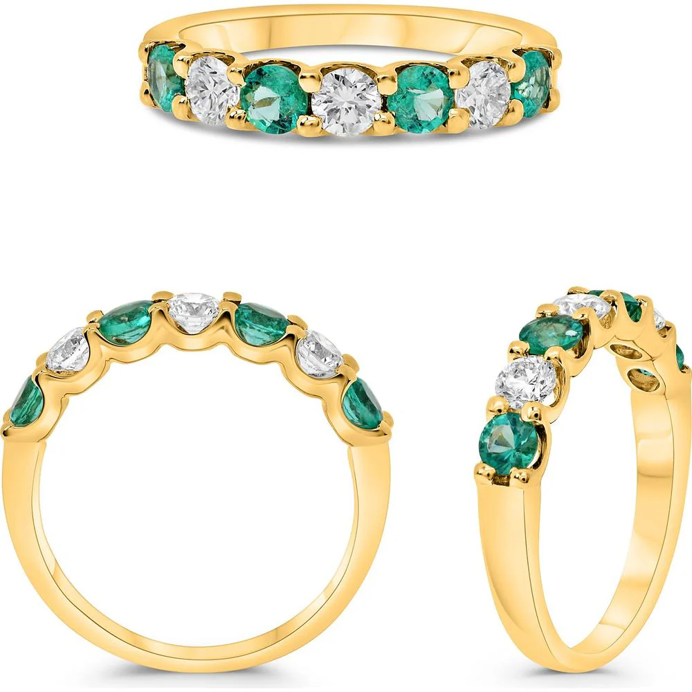 Roman & Jules - 14K Yellow Gold Round Emerald Ring with Round Diamonds - 1.50 Carat Total Emerald Weight, 0.86 Carat Total Diamond Weight