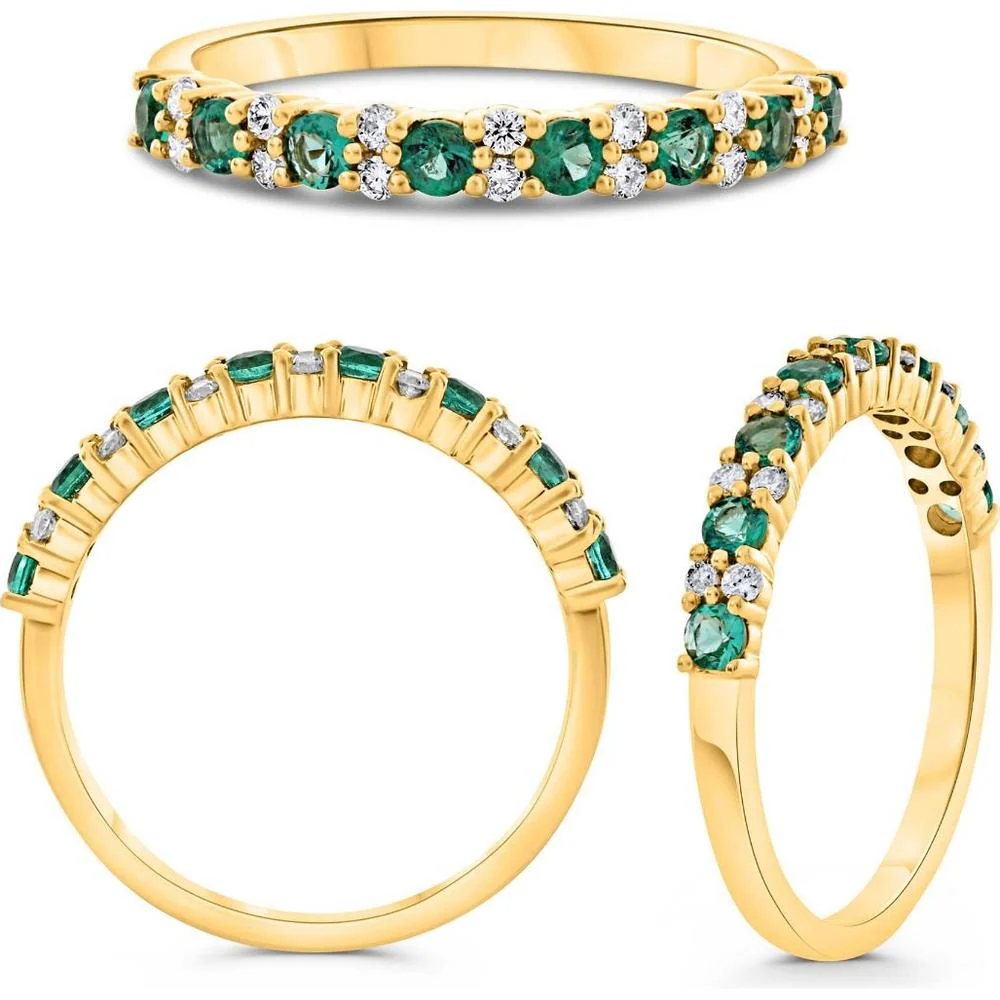 Roman & Jules - 14K Yellow Gold Round Emerald Ring with Shared Prong Set Round Diamonds - 0.70 Carat Total Gem Weight