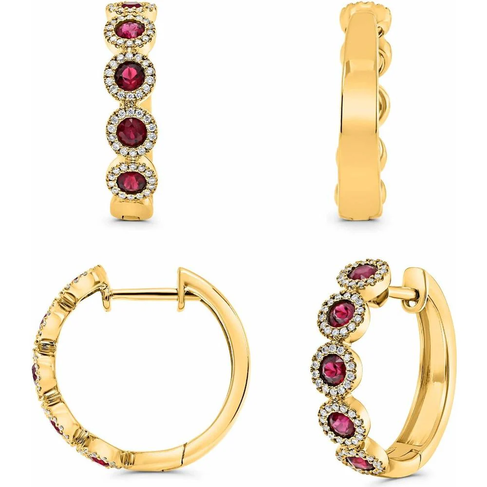 Roman & Jules - 14K Yellow Gold Ruby and Diamond Halo Hoop Earrings - 0.76 Carat Total Ruby Weight, 0.40 Carat Total Diamond Weight