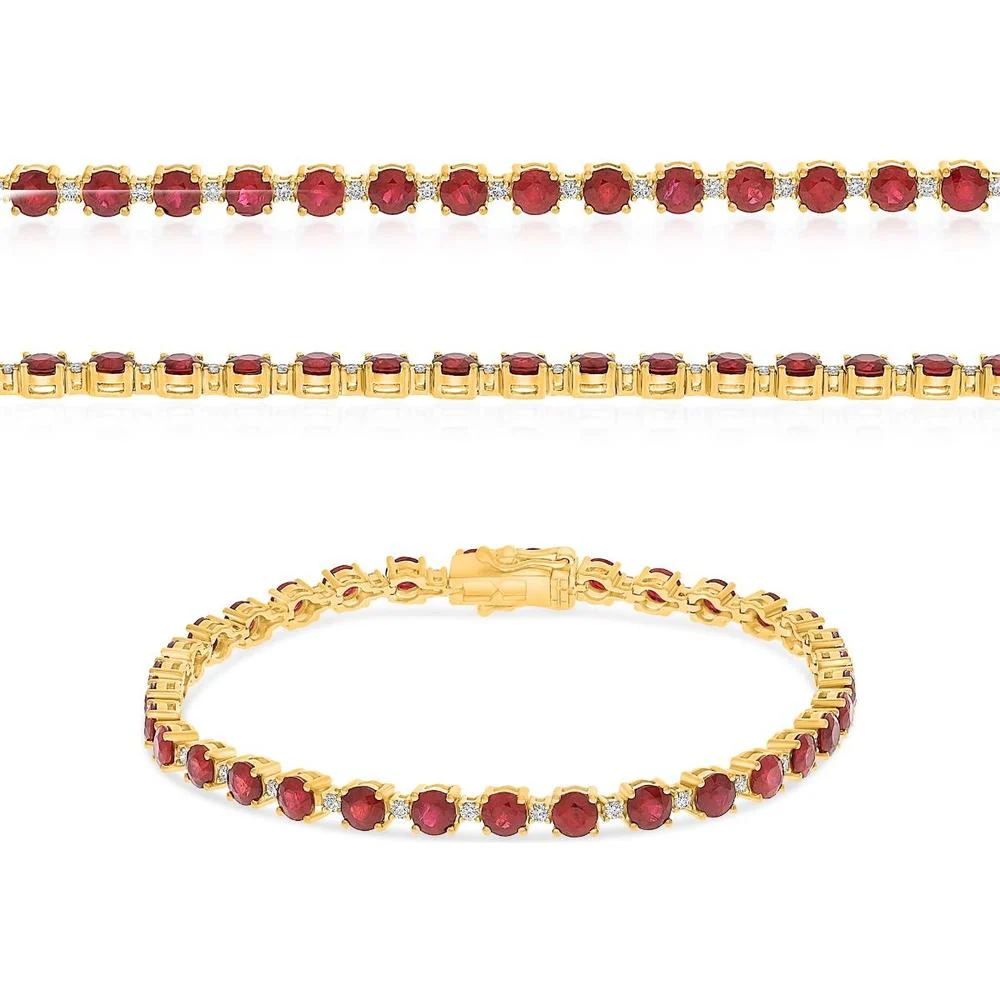 Roman & Jules - 14K Yellow Gold Ruby and Diamond Tennis Bracelet with Oval Rubies and Round Diamond Accents - 1.43 Carat Total Gem Weight