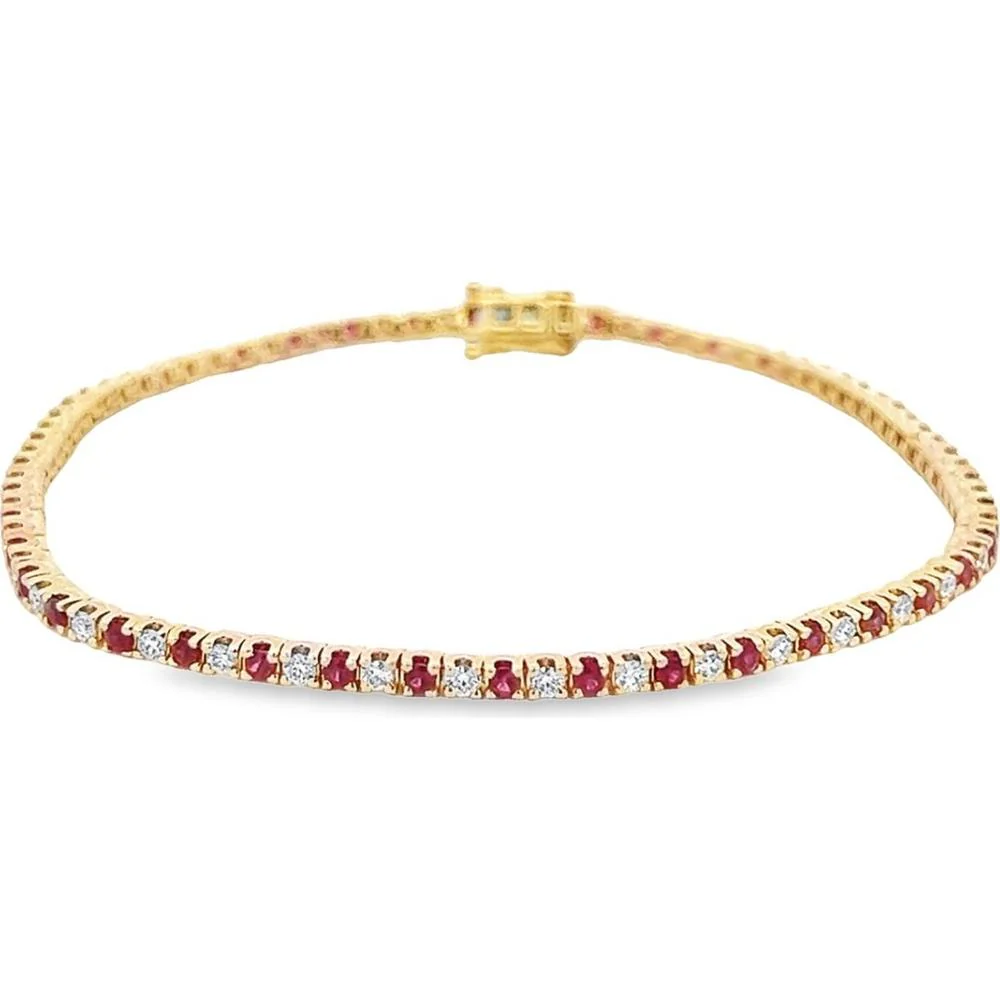 Roman & Jules - 14K Yellow Gold Ruby and Diamond Tennis Bracelet with Prong Set Round Diamonds - 2.00 Carat Total Diamond Weight