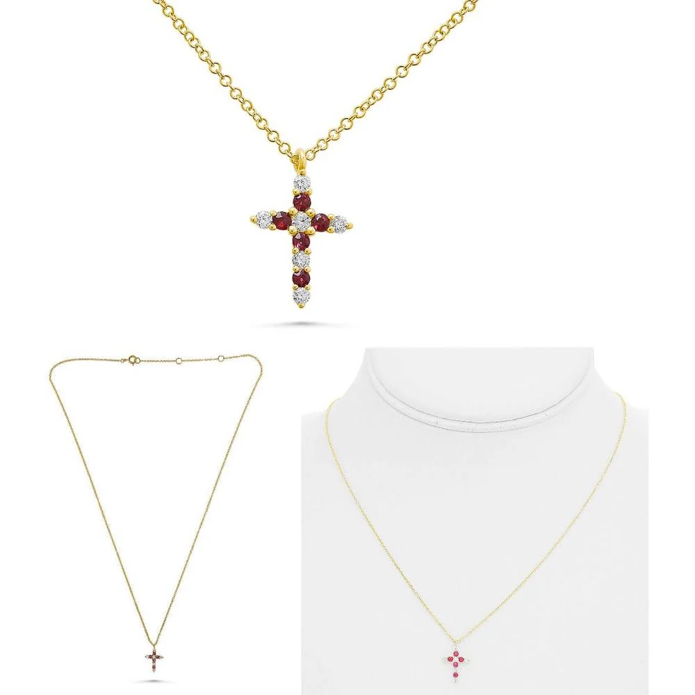 Roman & Jules - 14K Yellow Gold Ruby Cross Necklace with Round Diamond Accents - 0.28 Carat Total Diamond Weight