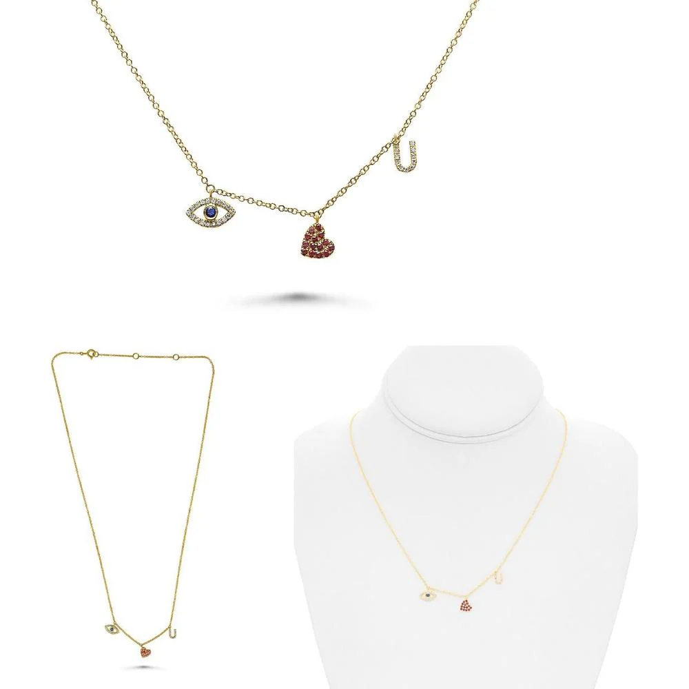 Roman & Jules - 14K Yellow Gold Ruby Heart and Eye Necklace with Round Diamond and Sapphire Accents