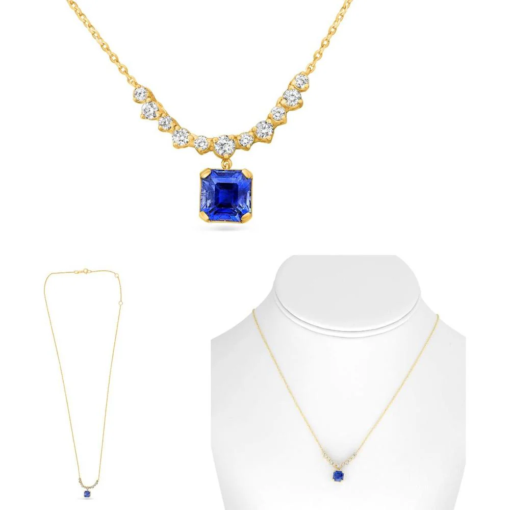 Roman & Jules - 14K Yellow Gold Sapphire Drop Necklace with Round Diamonds - 1.36 Carat Total Sapphire Weight, 0.25 Carat Total Diamond Weight