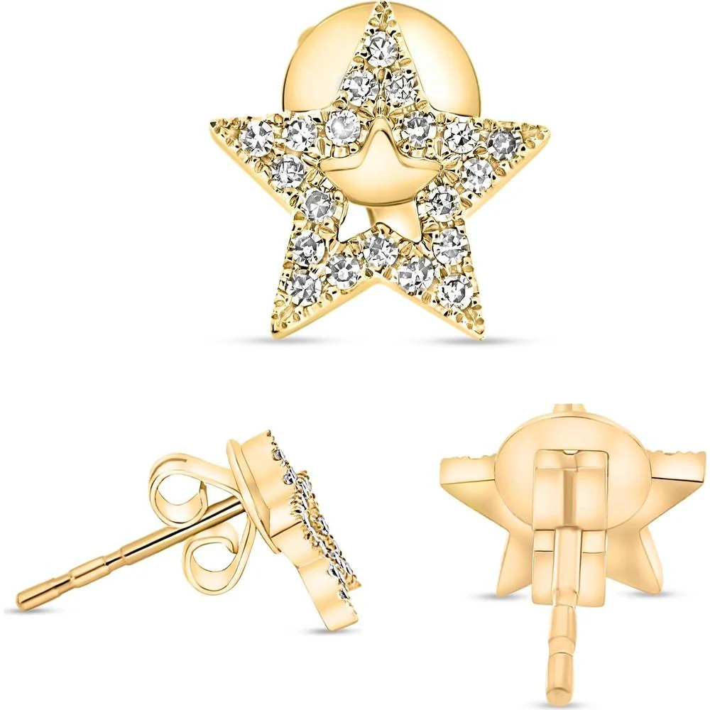Roman & Jules - 14K Yellow Gold Star Stud Earrings with Round Diamonds - 0.13 Carat Total Diamond Weight