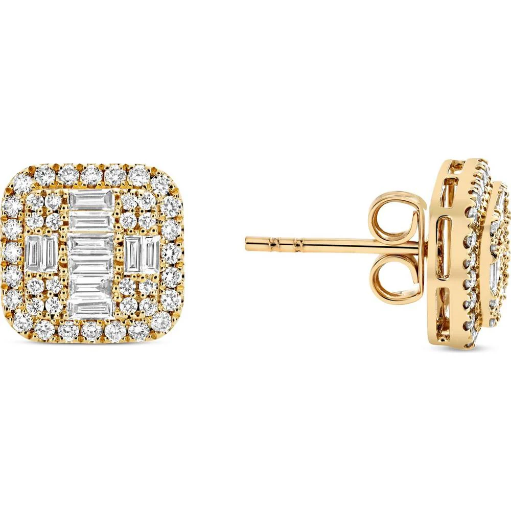 Roman & Jules - 14K Yellow Gold Stud Earrings with Round and Baguette Diamonds - 1.08 Carat Total Diamond Weight
