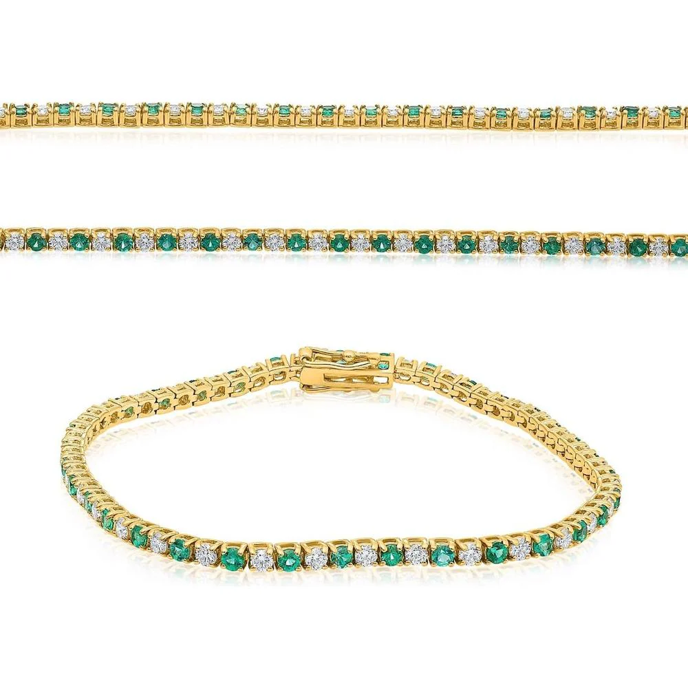 Roman & Jules - 14K Yellow Gold Tennis Bracelet with Round Diamonds and Emeralds - 3.7 Carat Total Gem Weight