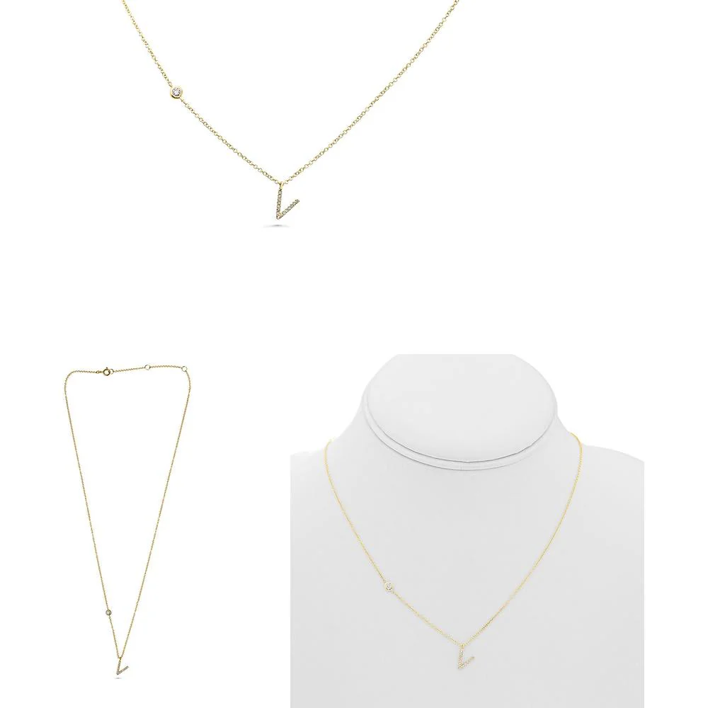 Roman & Jules - 14K Yellow Gold "V" Initials Necklace with Round Diamond - 0.09 Carat Total Diamond Weight