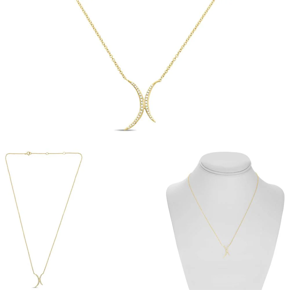 Roman & Jules - 14K Yellow Gold Y Half-Moon Diamond Necklace with Round Diamonds - 0.10 Carat Total Diamond Weight