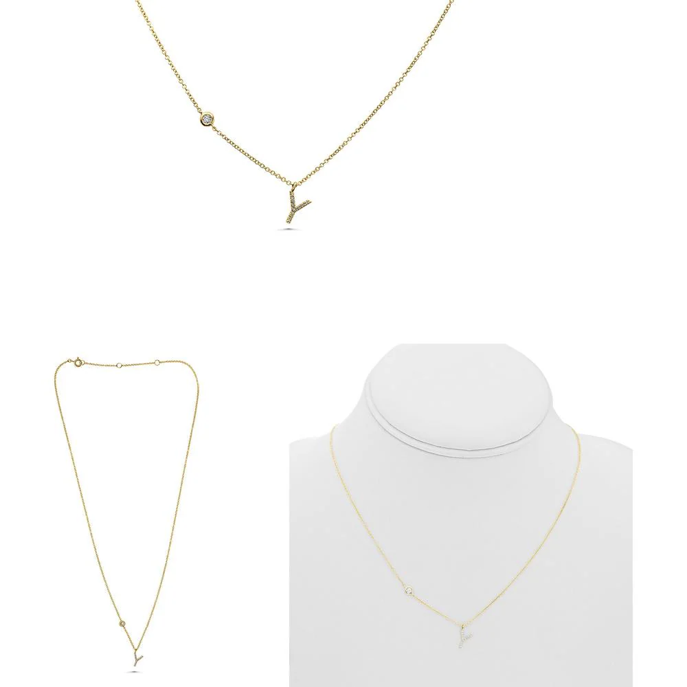 Roman & Jules - 14K Yellow Gold Y Initial Necklace with 0.09 Carat Round Diamond in Micropavé Setting