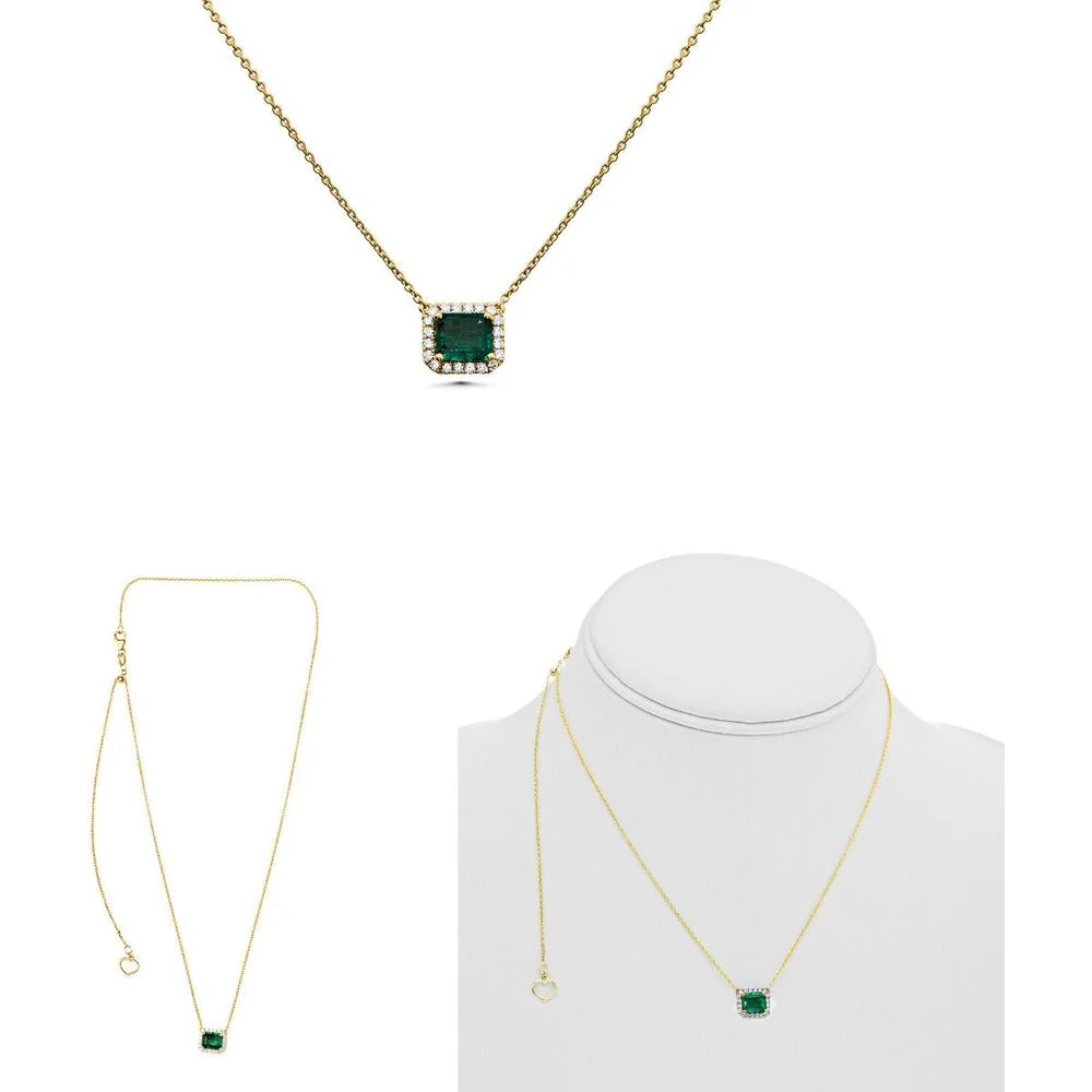 Roman & Jules - 14K Yellow Gold Y Necklace with 0.91 Carat Emerald-Cut Emerald and 0.17 Carat Round Diamond Halo
