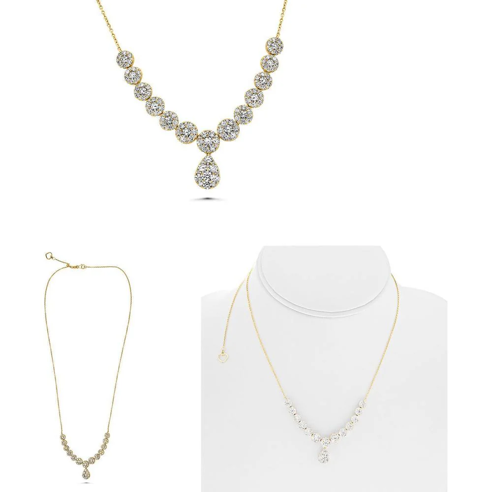 Roman & Jules - 14K Yellow Gold Y Necklace with 3.00 Carat Round Diamond Cluster Teardrop Pendant