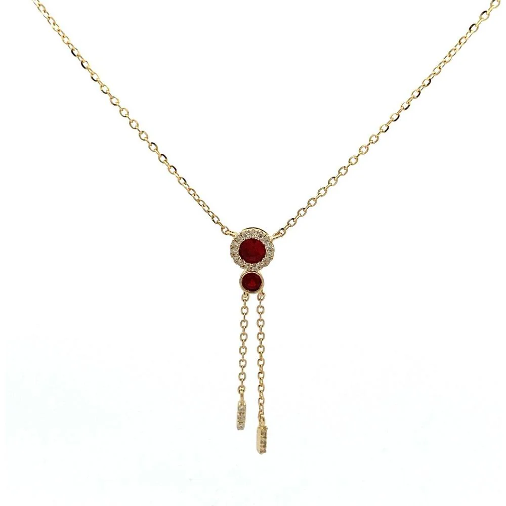 Roman & Jules - 14K Yellow Gold Y Necklace with Bezel Set Round Rubies and Diamond Halo - 0.20 Carat Total Diamond Weight