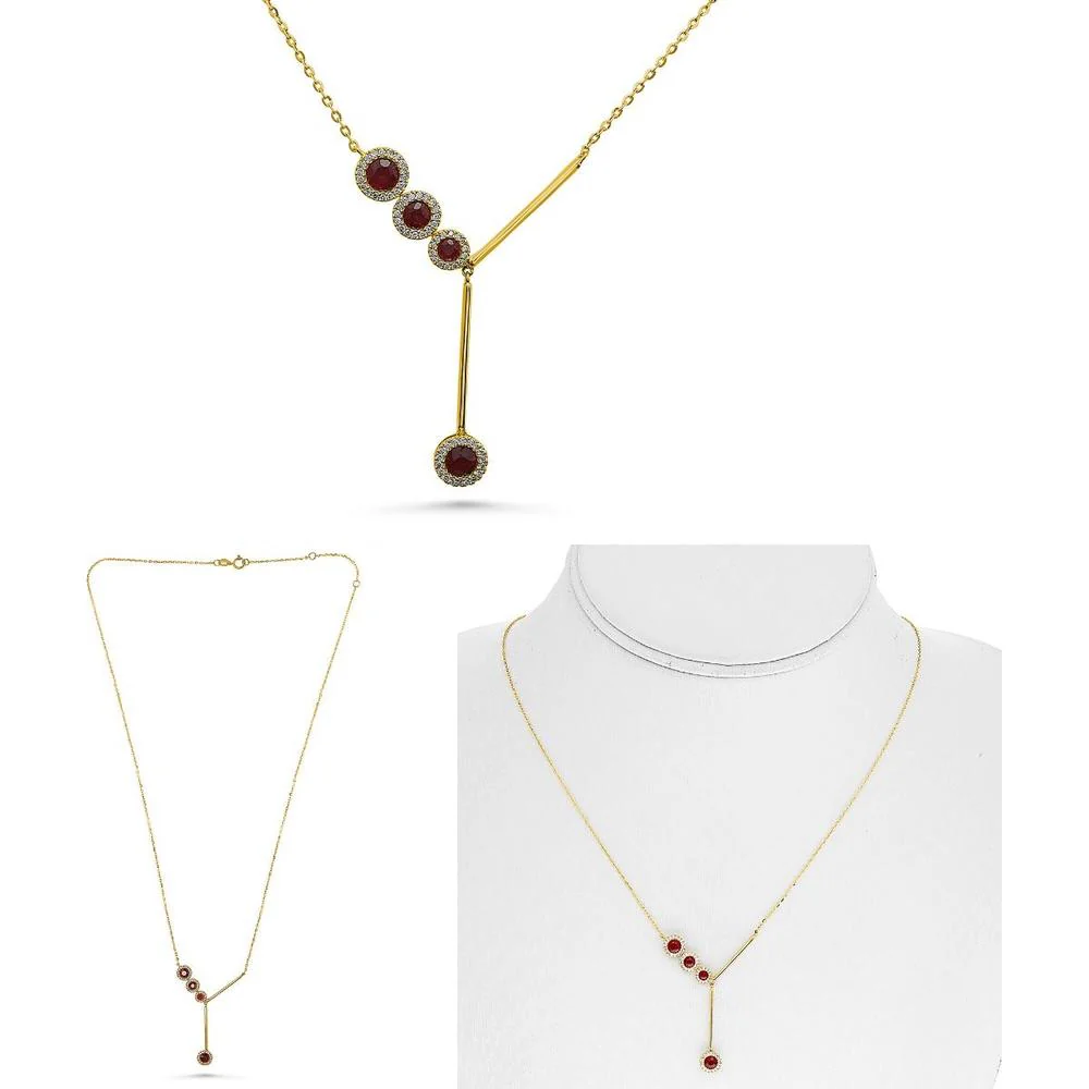 Roman & Jules - 14K Yellow Gold Y Necklace with Bezel-Set Round Rubies and Halo Diamonds - 0.62 Carat Total Ruby Weight