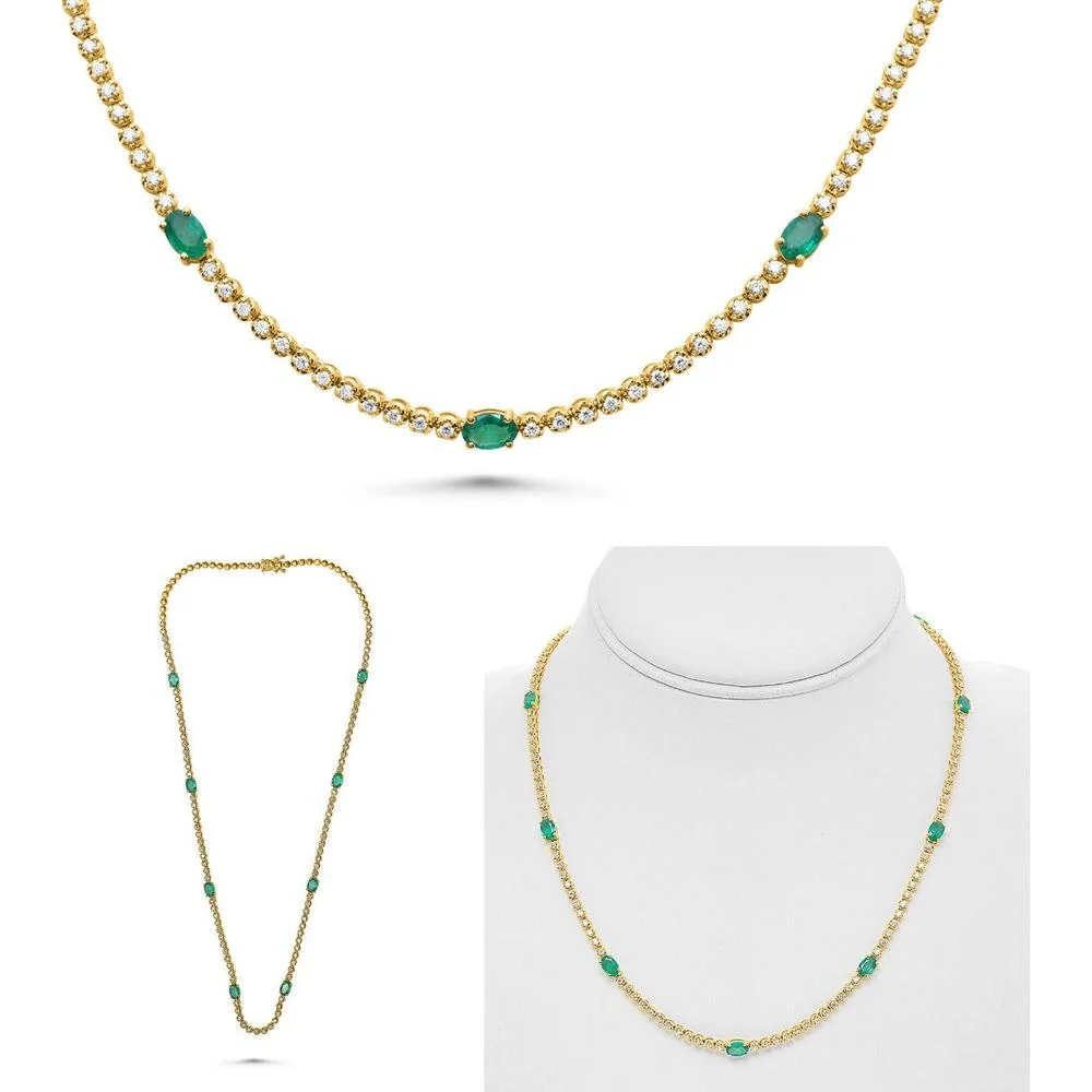 Roman & Jules - 14K Yellow Gold Y Necklace with Oval Emerald and Round Diamonds - 2.00 Carat Total Diamond Weight, 3.20 Carat Total Emerald Weight