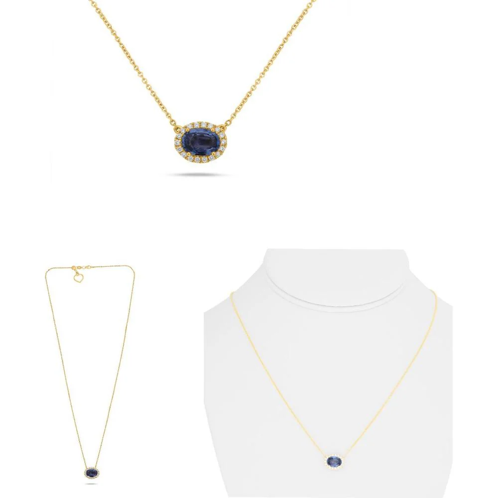 Roman & Jules - 14K Yellow Gold Y-Necklace with Oval Sapphire and Diamond Halo - 1.23 Carat Sapphire, 0.12 Carat Diamond Total Weight